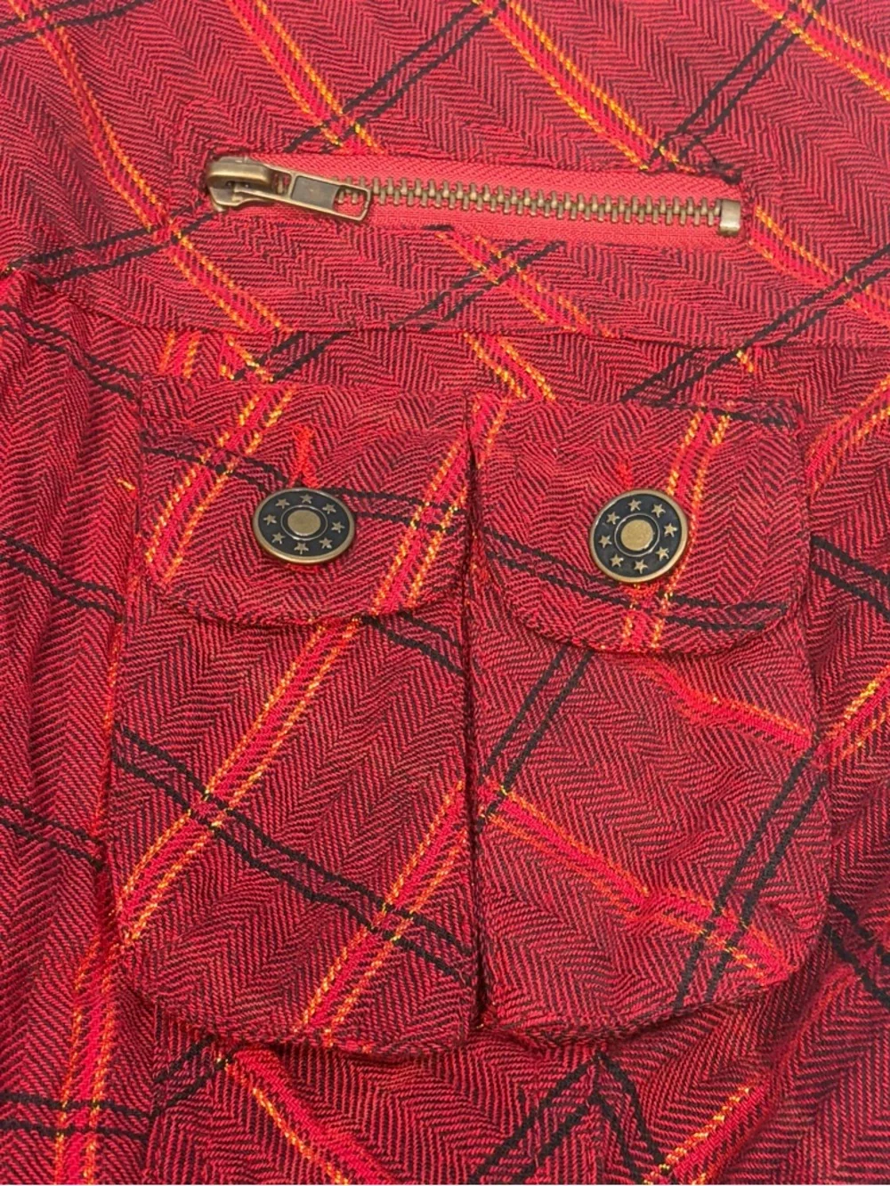 Feline Red Gold Plaid Cropped Full Zip Jacket Detachable Hood Junior Size Large - Picture 4 of 16
